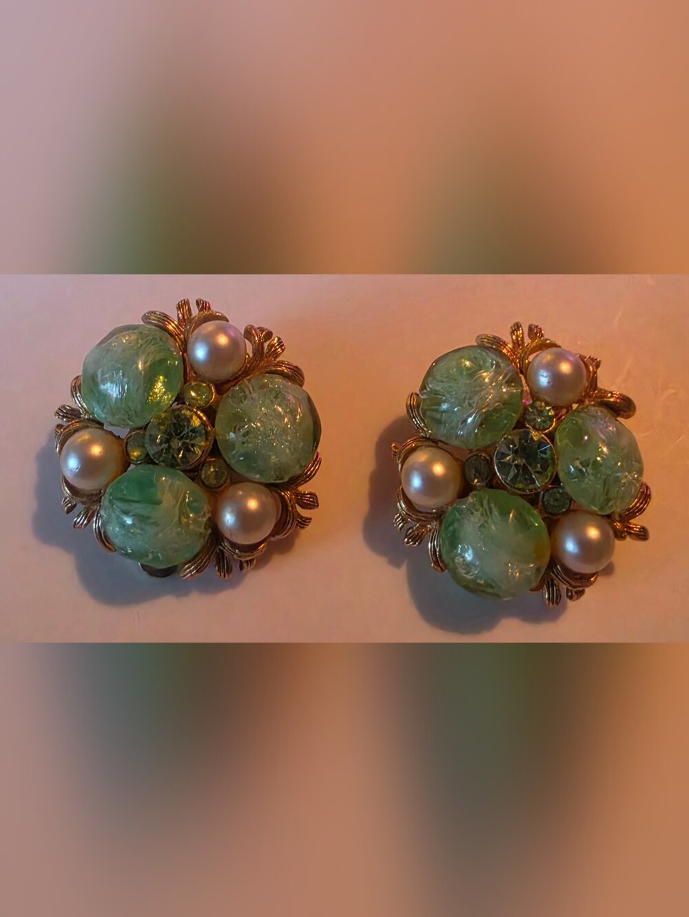 Stunning pair vintage signed Lisner clip-on cluster earrings from mid-century